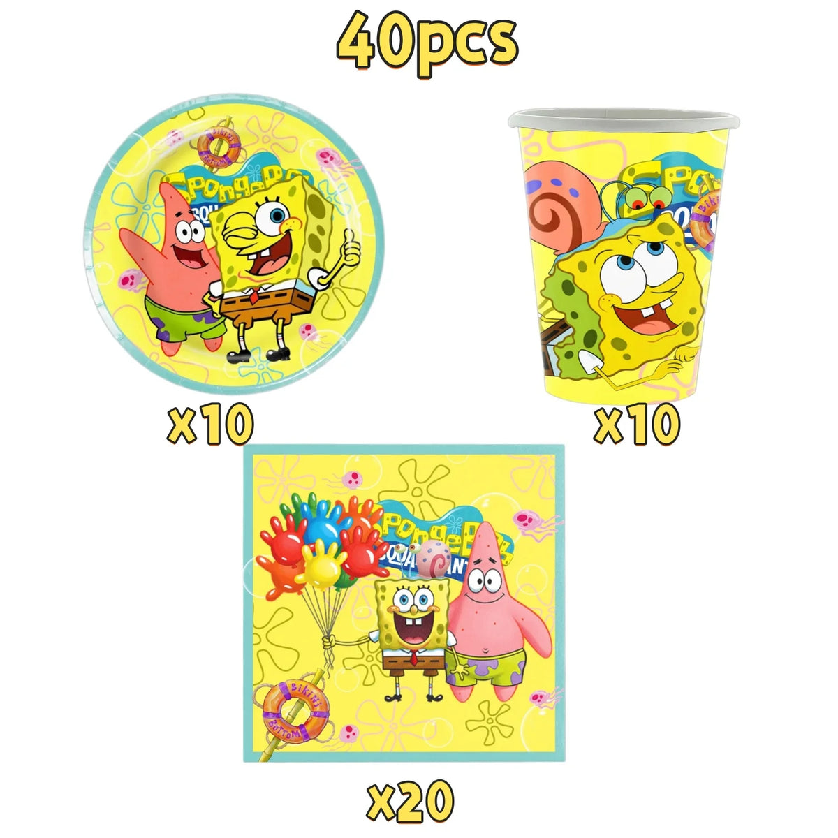 A set of SpongeBob theme disposable party items including a plate, cups, and cards.