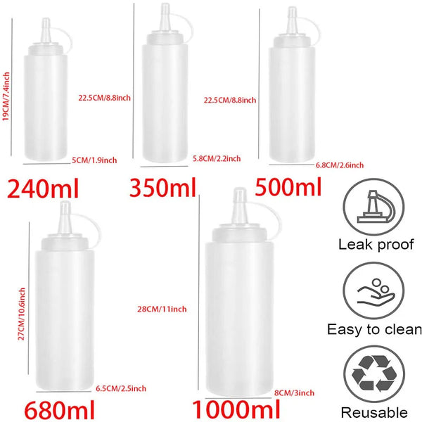 A collection of white squeeze condiment bottles with various volumes labeled 240ml, 350ml, 500ml, 680ml, and 1000ml.
