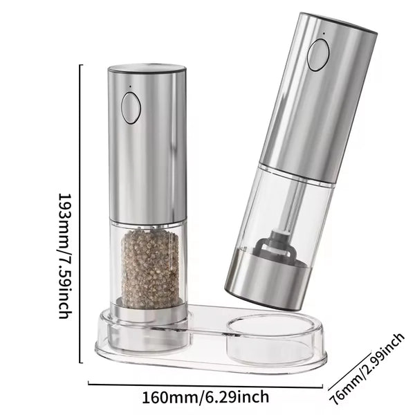 A silver automatic rechargeable salt and pepper grinder set with a glass chamber and a clear base.