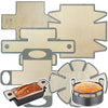Reusable silicone bread loaf pan liners and a baking pan shown in various shapes