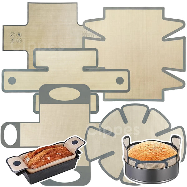 Reusable silicone bread loaf pan liners and a baking pan shown in various shapes