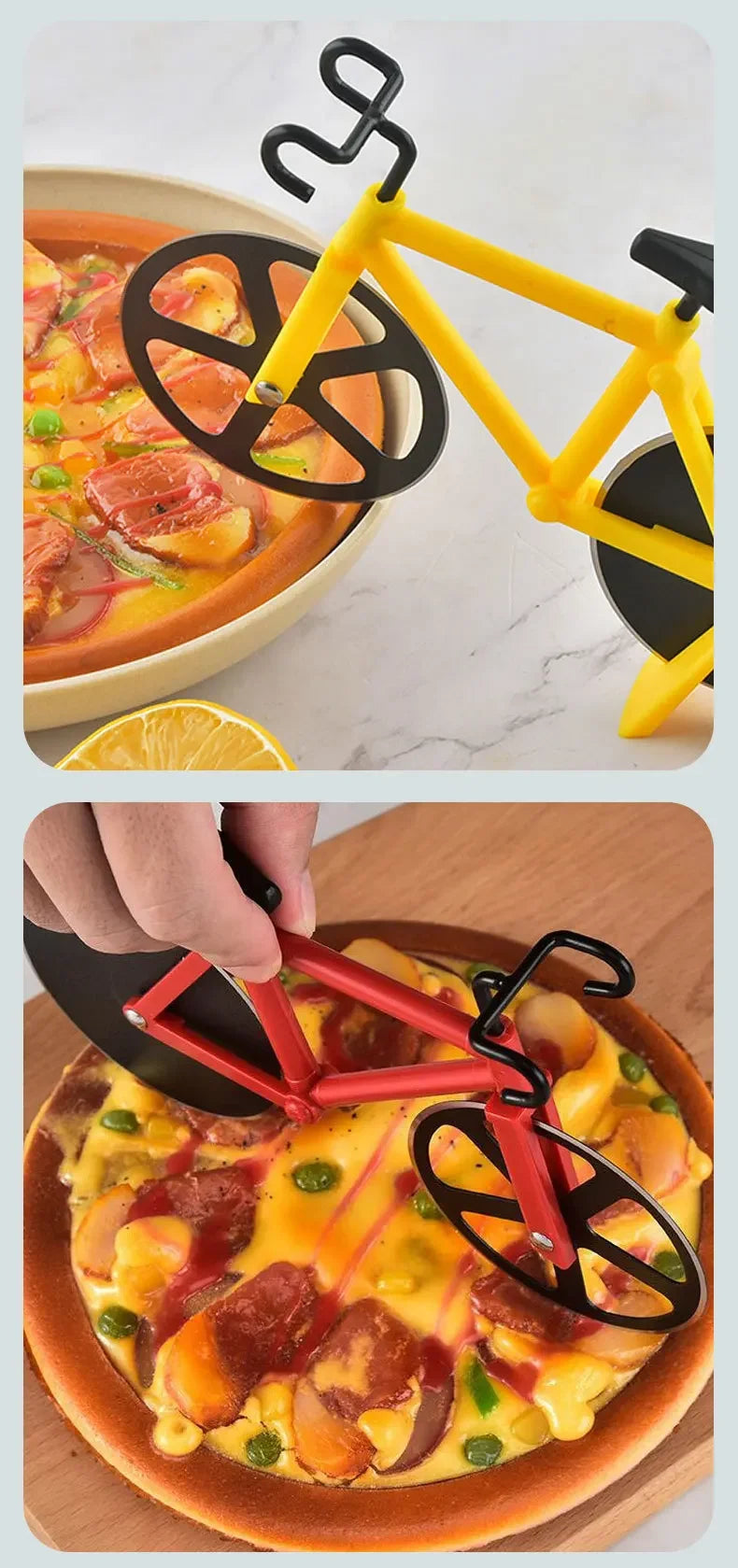 Un cortador de pizza en forma de bicicleta amarilla junto a una pizza, sostenido por una mano.