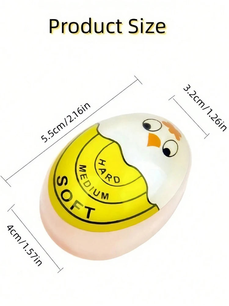 A yellow and white egg-shaped cooking timer with size dimensions marked.