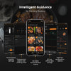A smartphone displays an intelligent guidance app for culinary mastery, showing cooking settings and temperature alarms.