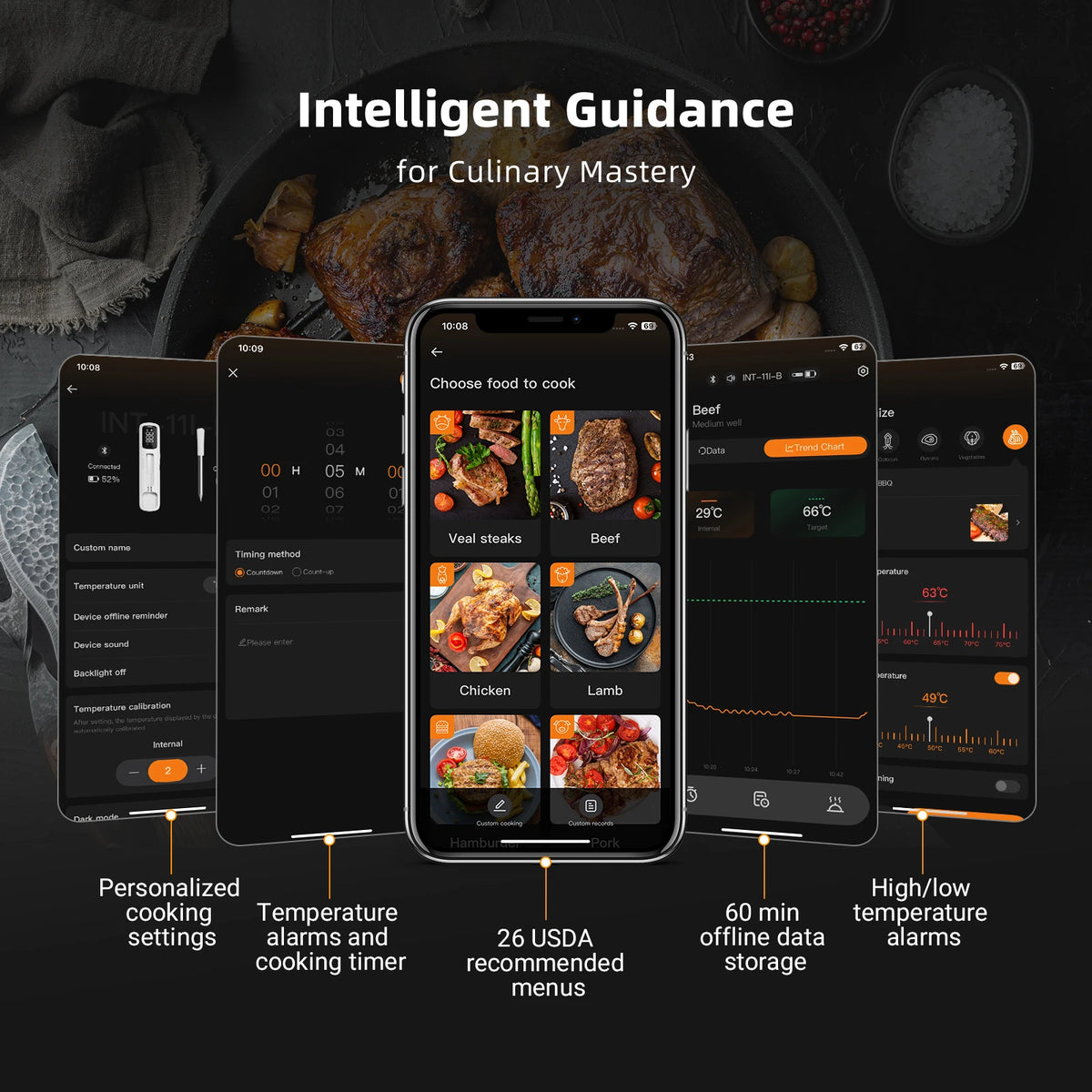A smartphone displays an intelligent guidance app for culinary mastery, showing cooking settings and temperature alarms.