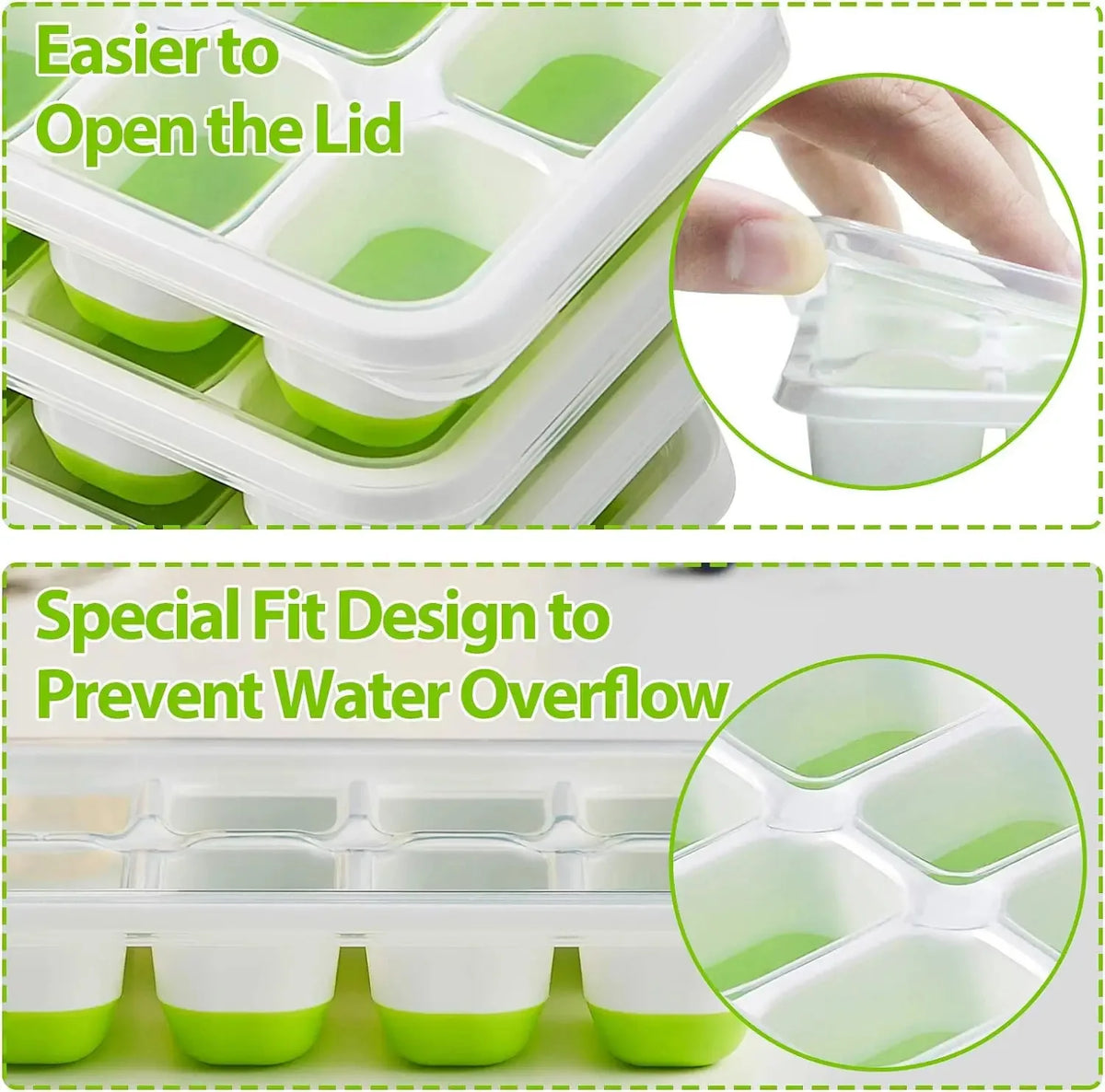 Silicone ice cube mold set with lid showing ease of opening and special fit design to prevent water overflow