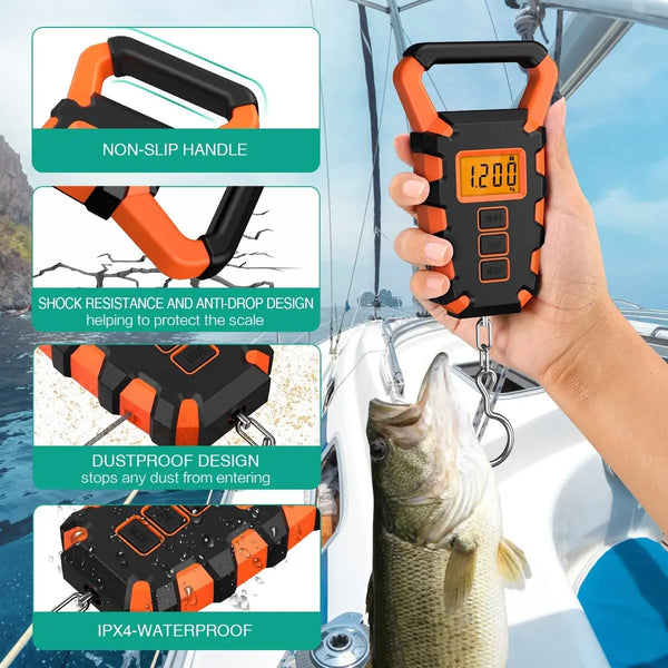 A hand holds an orange and black digital hanging scale used to measure fish, demonstrating its non-slip handle and waterproof