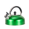 A stainless steel whistling camping teapot with a black handle and lid.