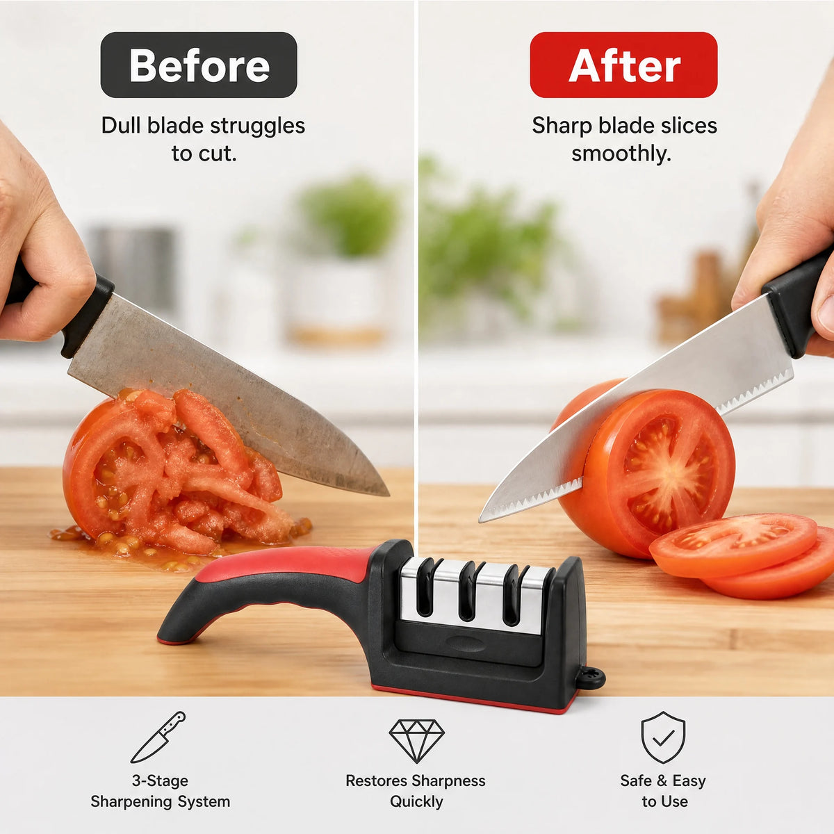 A comparison showing a dull knife before and a sharp knife after using a 3-stage kitchen knife sharpener.