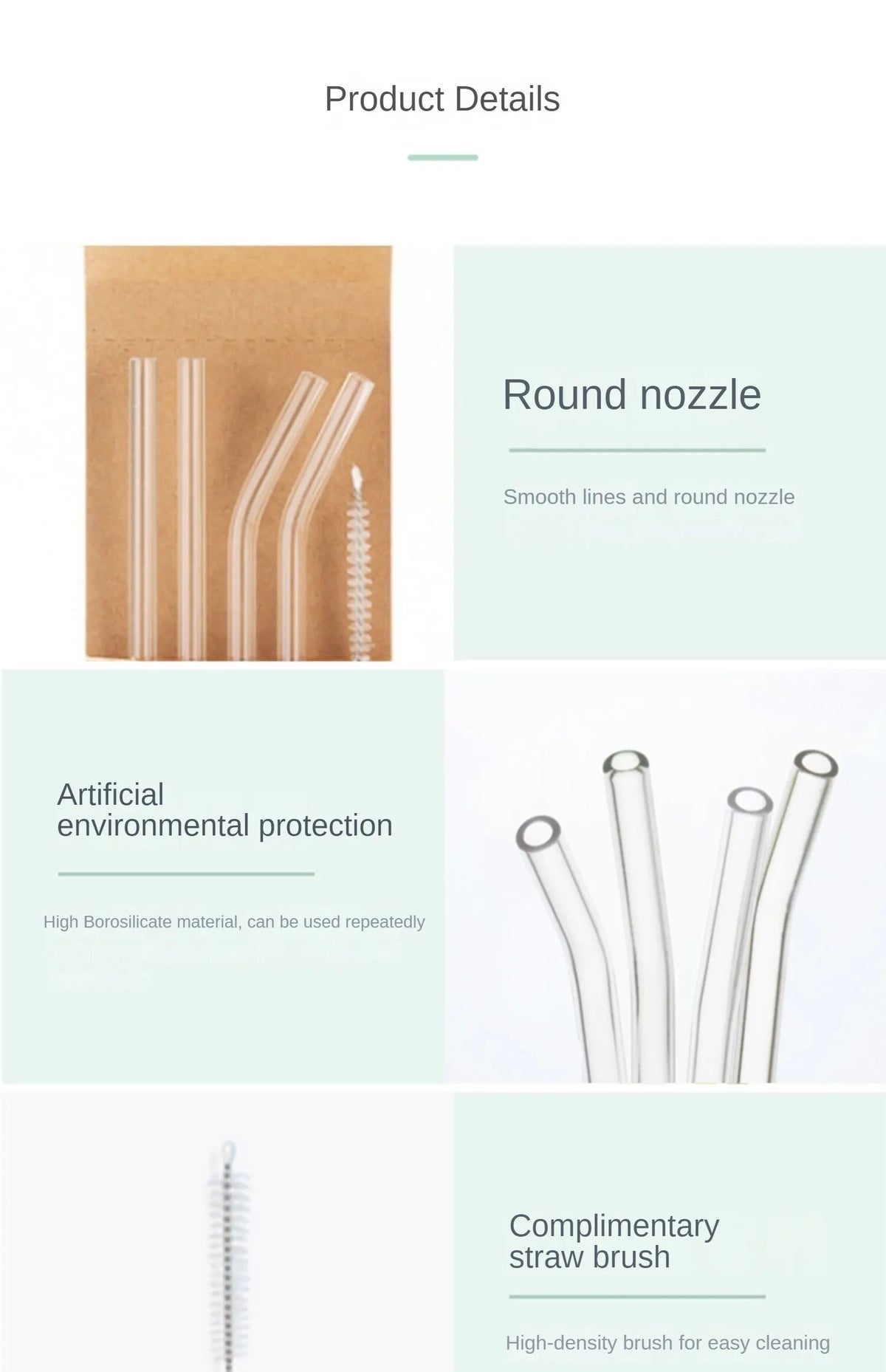 Product details showing a round nozzle glass straw with smooth lines and an accompanying high-density straw brush for cleanin