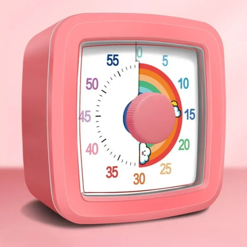 A pink visual timer with a circular gauge showing time remaining for study and focus.