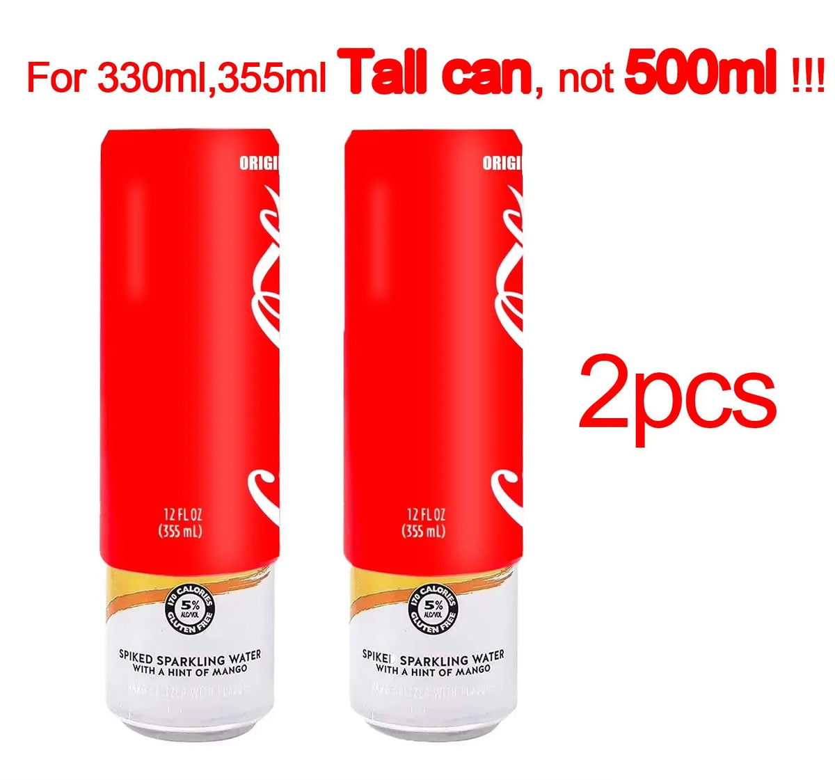 Two red silicone beer can sleeves for 330ml and 355ml cans with a mint of mango flavor