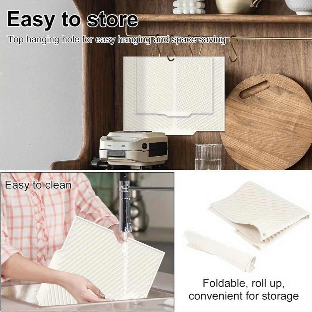 A white silicone collapsible dish drying mat is shown being used for cleaning and storage.