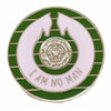 A round enamel pin featuring a gold design on a white background surrounded by green stripes and the text I AM NO MAN