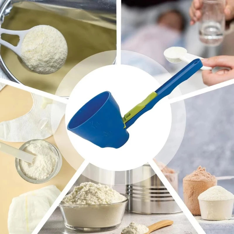 Colección de cucharas medidoras y embudos dobles para medir ingredientes secos como harina o polvo.