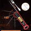A red digital meat probe thermometer is shown demonstrating a safe probe length and 180-degree angle for defense against burn