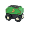 A green wooden magnetic train car numbered 2 with black wheels.