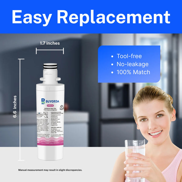 A white refrigerator water filter replacement cartridge is shown next to a measuring tool, emphasizing easy replacement.