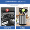 Before and after comparison of a compartment storage system for cutlery using stainless steel tools.