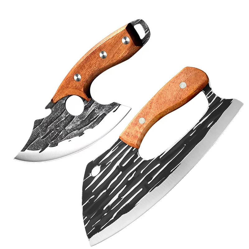 A professional forged stainless steel chef knife with a wooden handle and black and white patterned blade.