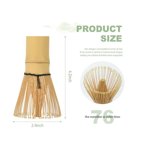A handcrafted bamboo matcha whisk with 76 tines shown next to a size guide.