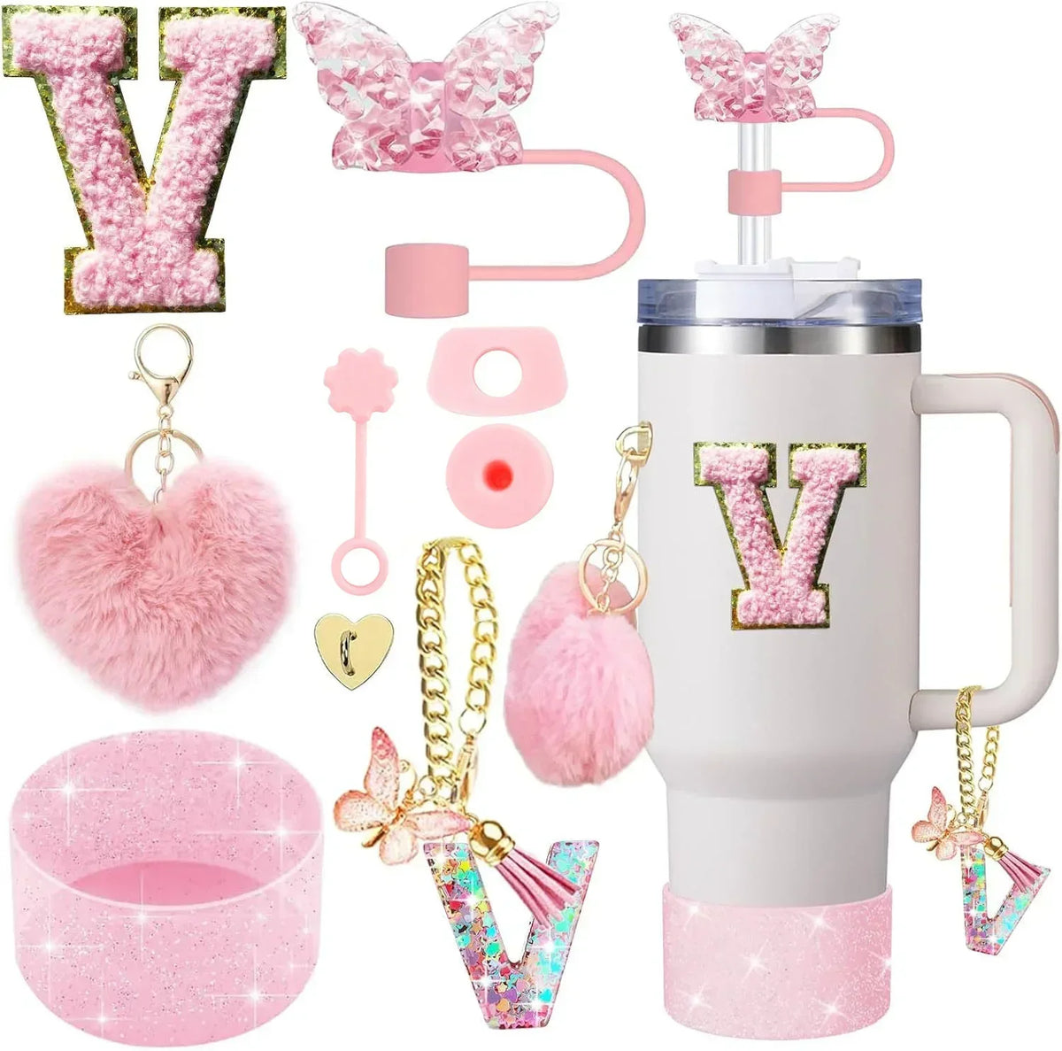 A pink customizable tumbler accessory kit featuring a silicone boot, straw covers, and charm for a tumbler.