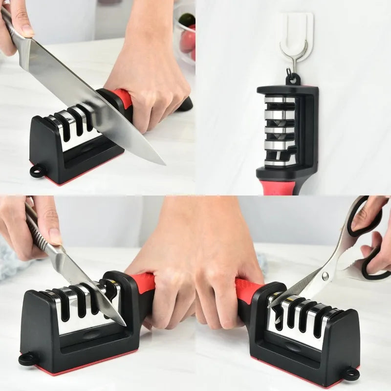 A hand is using a black and red handheld knife sharpener with tungsten steel to sharpen a knife.