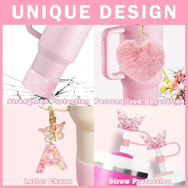 A pink tumbler accessory kit showing a silicone boot, heart charm, letter charm, and straw protection features.