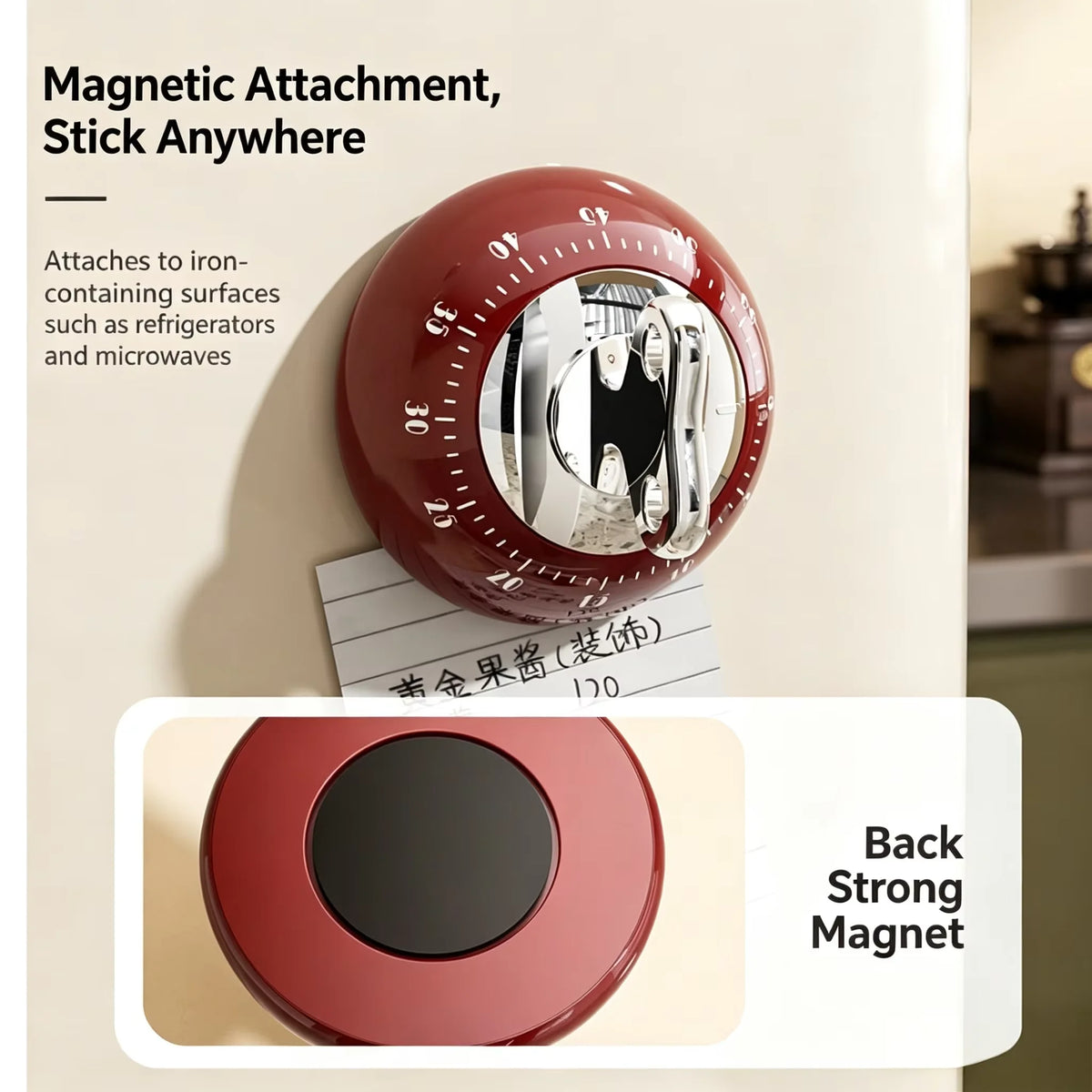 A red magnetic kitchen timer is shown attached to a refrigerator surface, demonstrating its stick anywhere function.