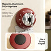 A red magnetic kitchen timer is shown attached to a refrigerator surface, demonstrating its stick anywhere function.