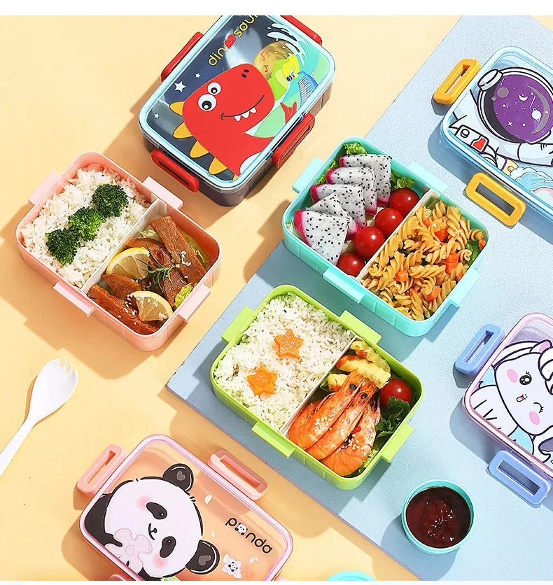 A collection of colorful kids bento lunch boxes with various compartments and food items on a light background.