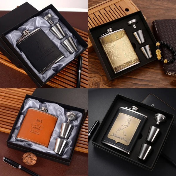 A set of portable stainless steel hip flasks for drinks displayed in black and gold packaging.