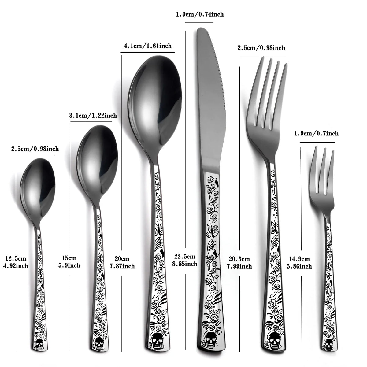 A set of stainless steel cutlery featuring a skull pattern design, including a spoon, knife, fork, and serving fork.