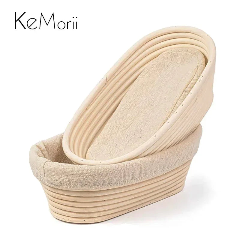 A natural rattan bread proofing basket with ribbed sides and a light beige color.