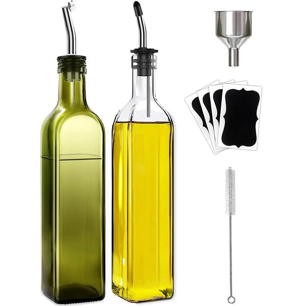 Elegantes Glas-Öl-und-Essig-Dispenser-Set mit Glasflasche, Metallgießhilfe und schwarzem Öler.