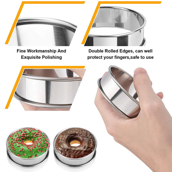 Set aus drei Edelstahl-Backringen für Muffins, Crumpets und Tarte, mit Detailaufnahmen von Funktionen und Verwendung.