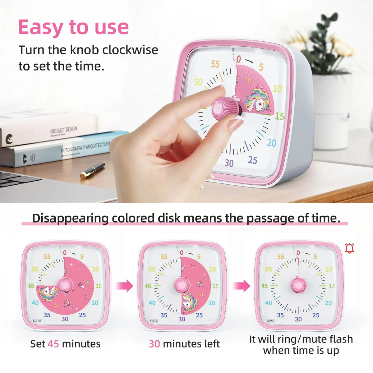 A hand turns a pink visual countdown timer clockwise to set the time, showing remaining minutes.