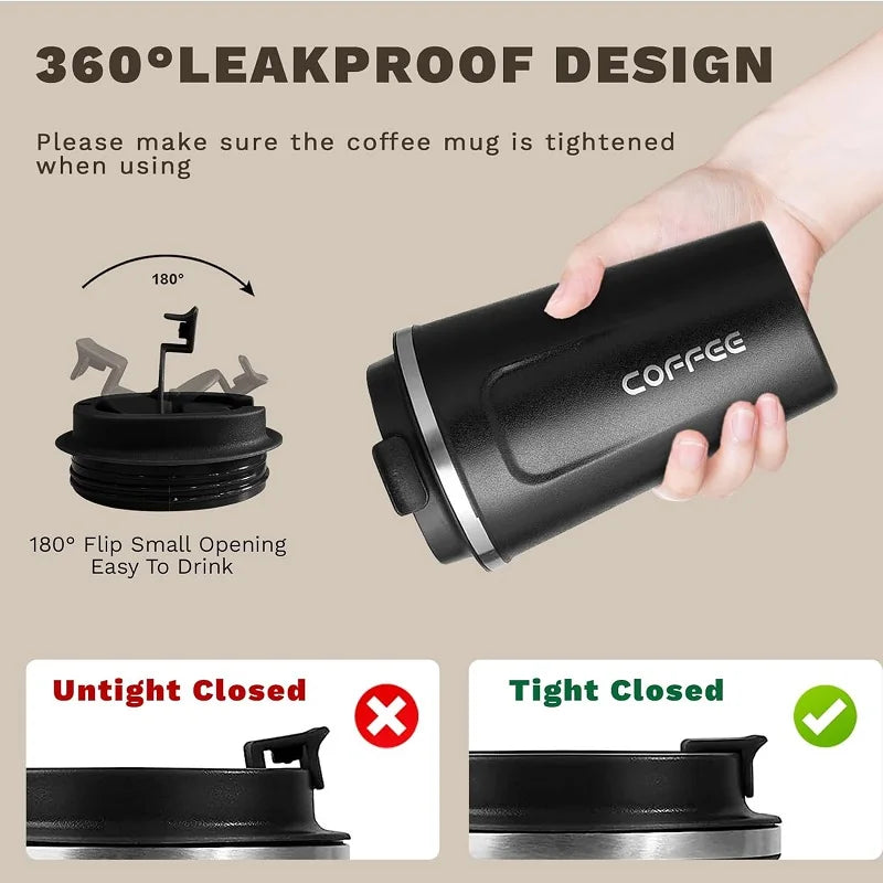 A black double-walled stainless steel travel mug with a silicone lid shown in various usage and closure states.
