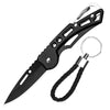 A black stainless steel folding survival knife with a sheath and lanyard attached.
