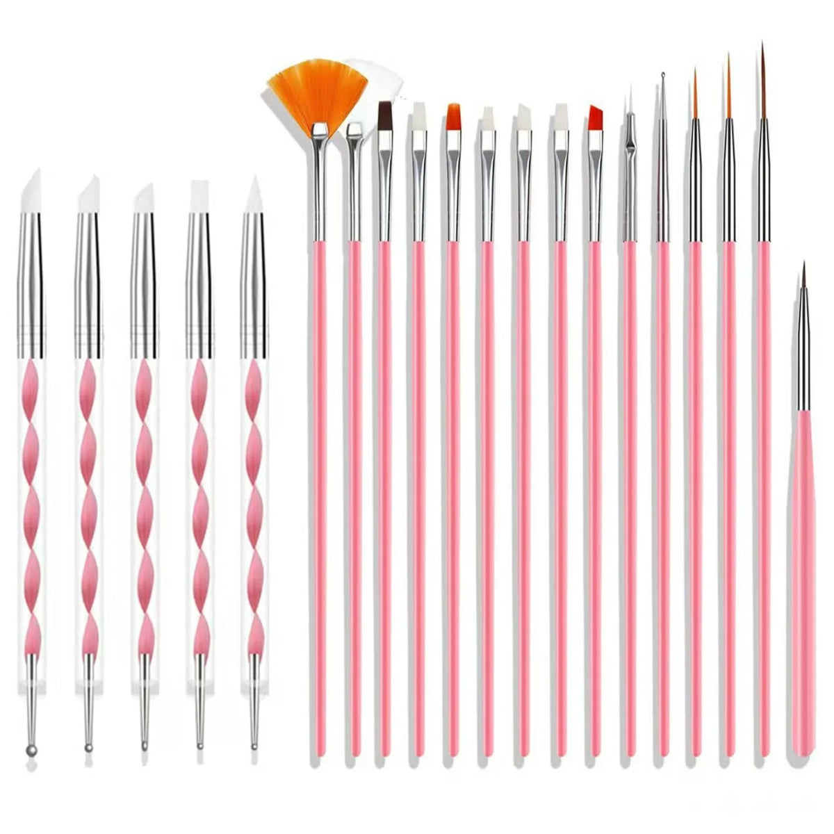 A set of professional nail art brushes with various sizes and a palette brush shown standing upright.