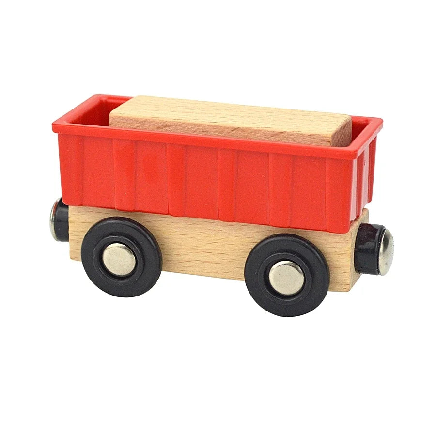 A wooden magnetic train car set with a red box and black wheels.