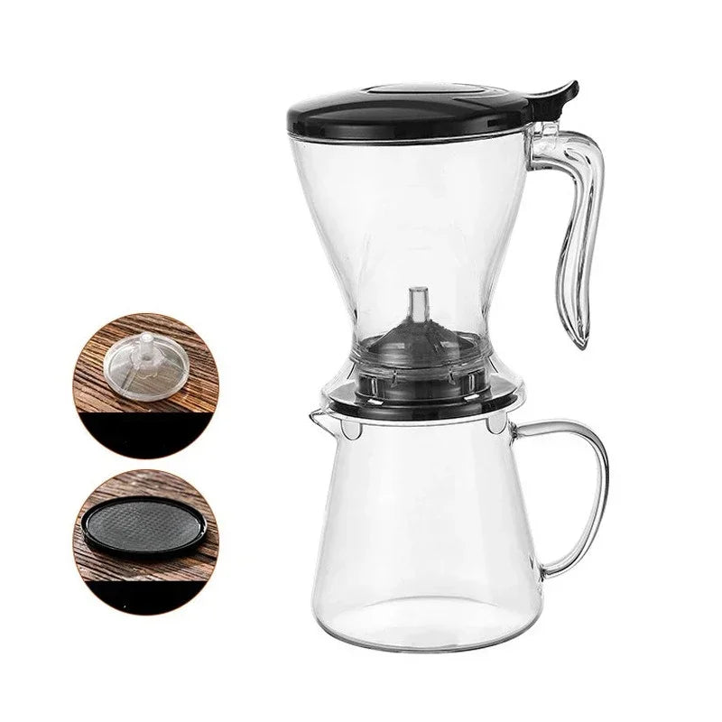 A clear glass pour over coffee dripper with a lid and a separate filter basket shown in various angles.