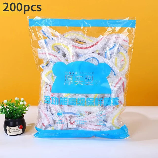 A clear plastic bag filled with 200 pieces of colorful disposable plastic food covers