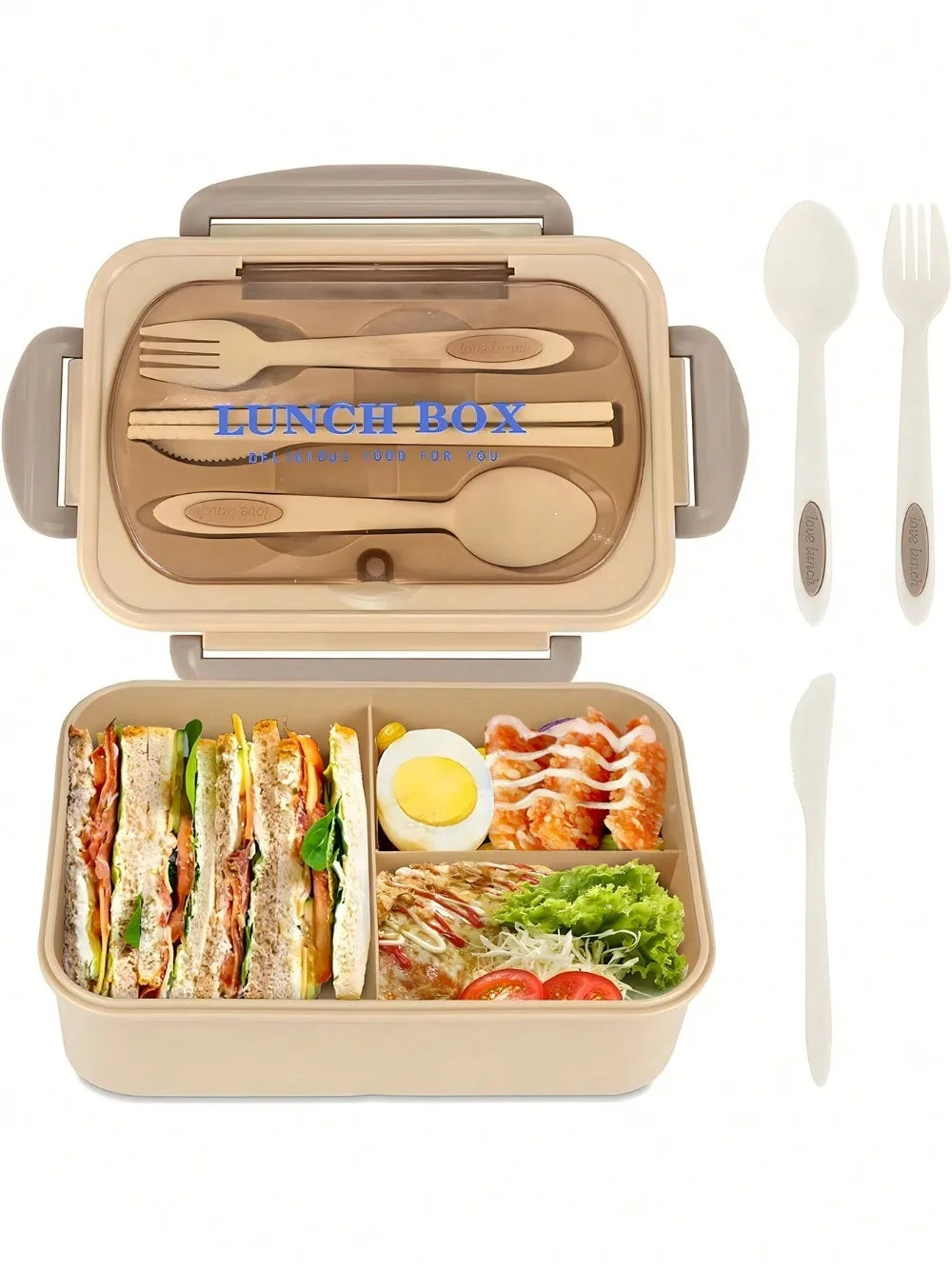 Set de caja bento beige con tapa y cuatro compartimentos, incluyendo tenedor y cuchara.