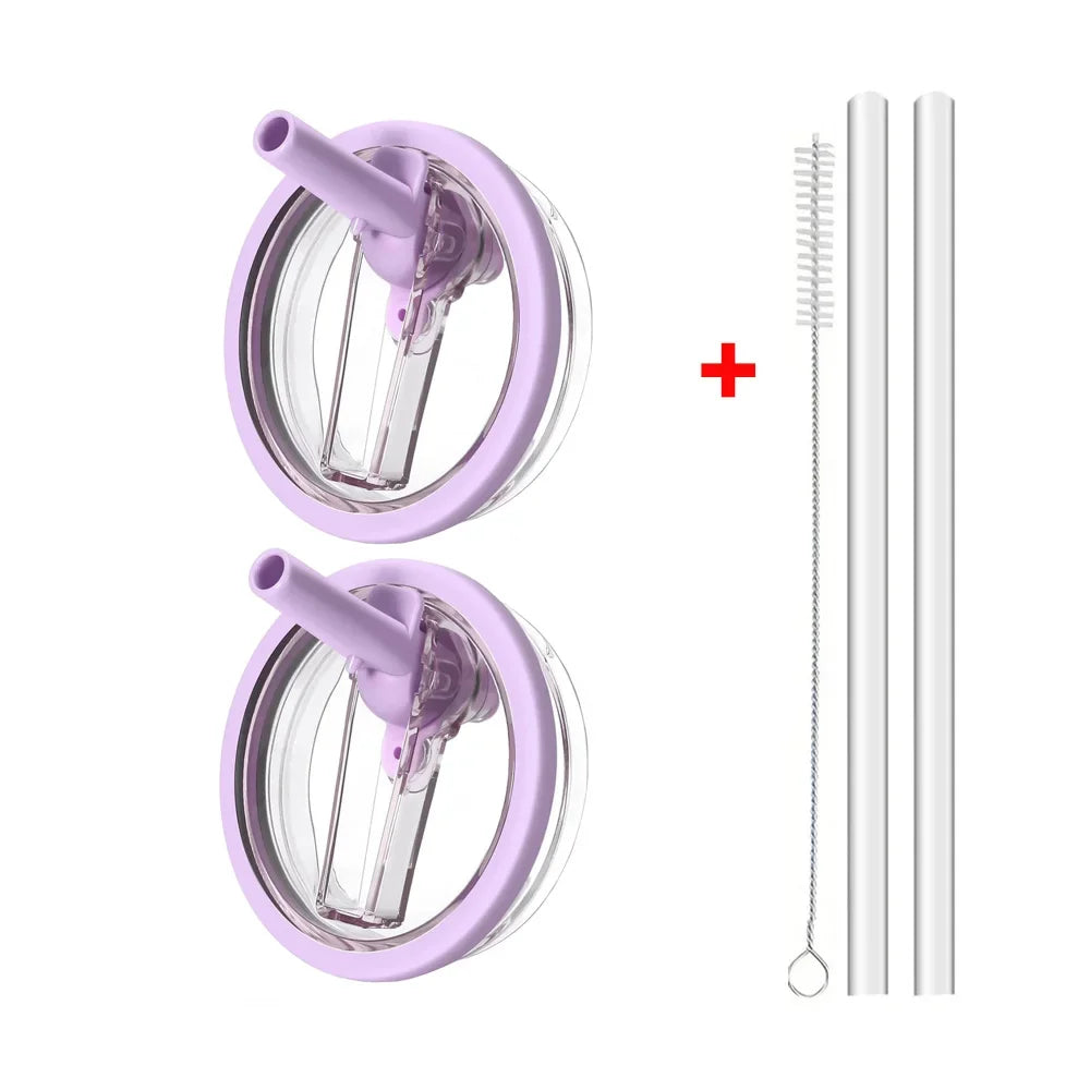 A set of leak-proof lids and cleaning brushes for Stanley tumblers, shown in purple and white.