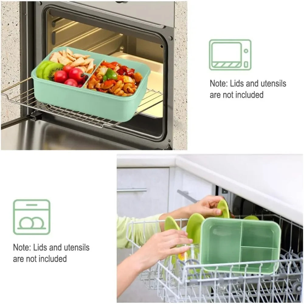 A green leakproof bento lunch box with a wire rack is shown inside an oven, next to a separate image of the box in a wire bas