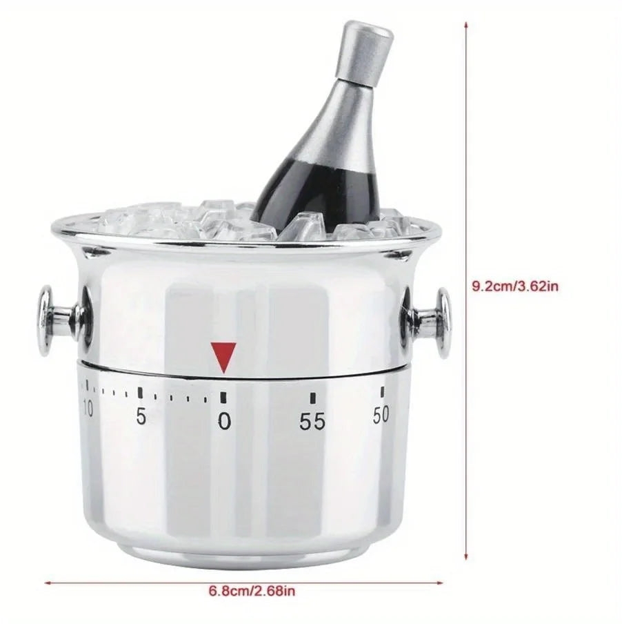 A silver mechanical kitchen cooking timer with a glass dome and a metal handle.