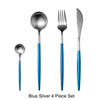 A set of four blue silver stainless steel cutlery pieces including a spoon, fork, and knife.