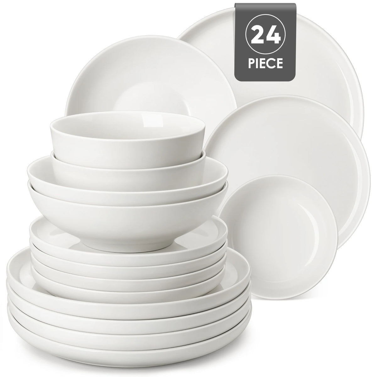 A white porcelain dinnerware set featuring plates and bowls, packaged as 24 pieces.