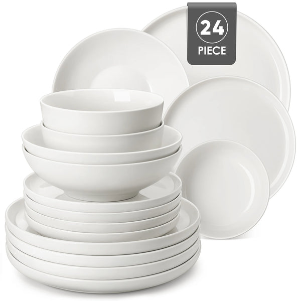 A white porcelain dinnerware set featuring plates and bowls, packaged as 24 pieces.